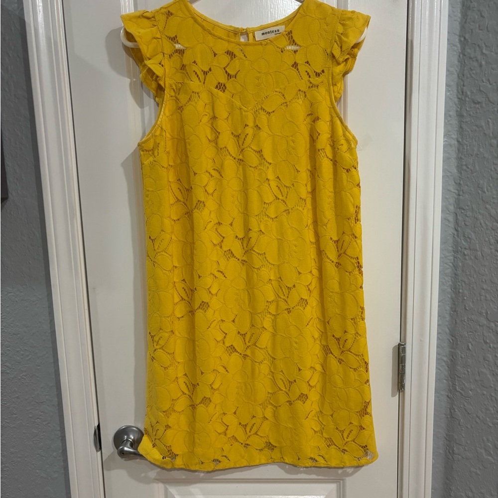 Monteau Bright Yellow Floral Lace Flutter Sleeve Dress